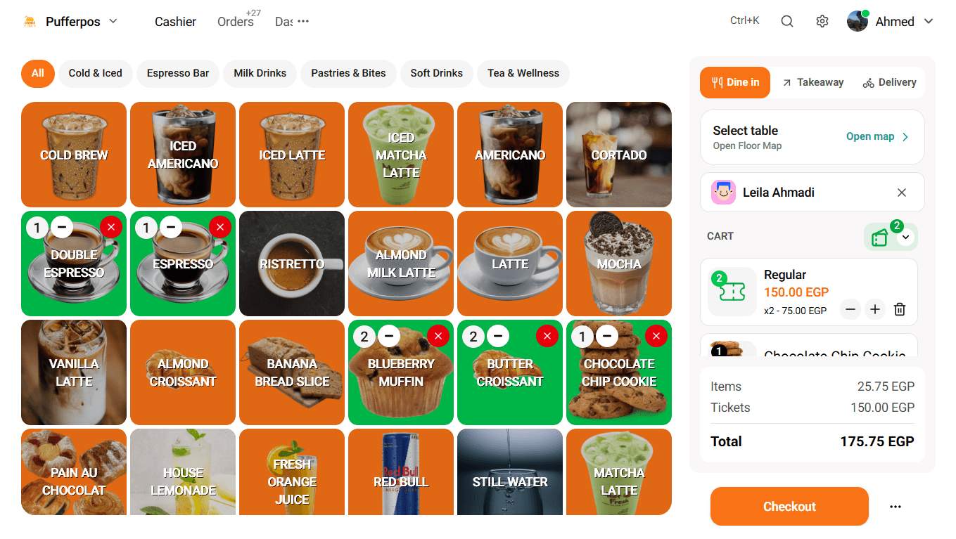 Puffer POS dashboard showing real-time orders, revenue, and table status